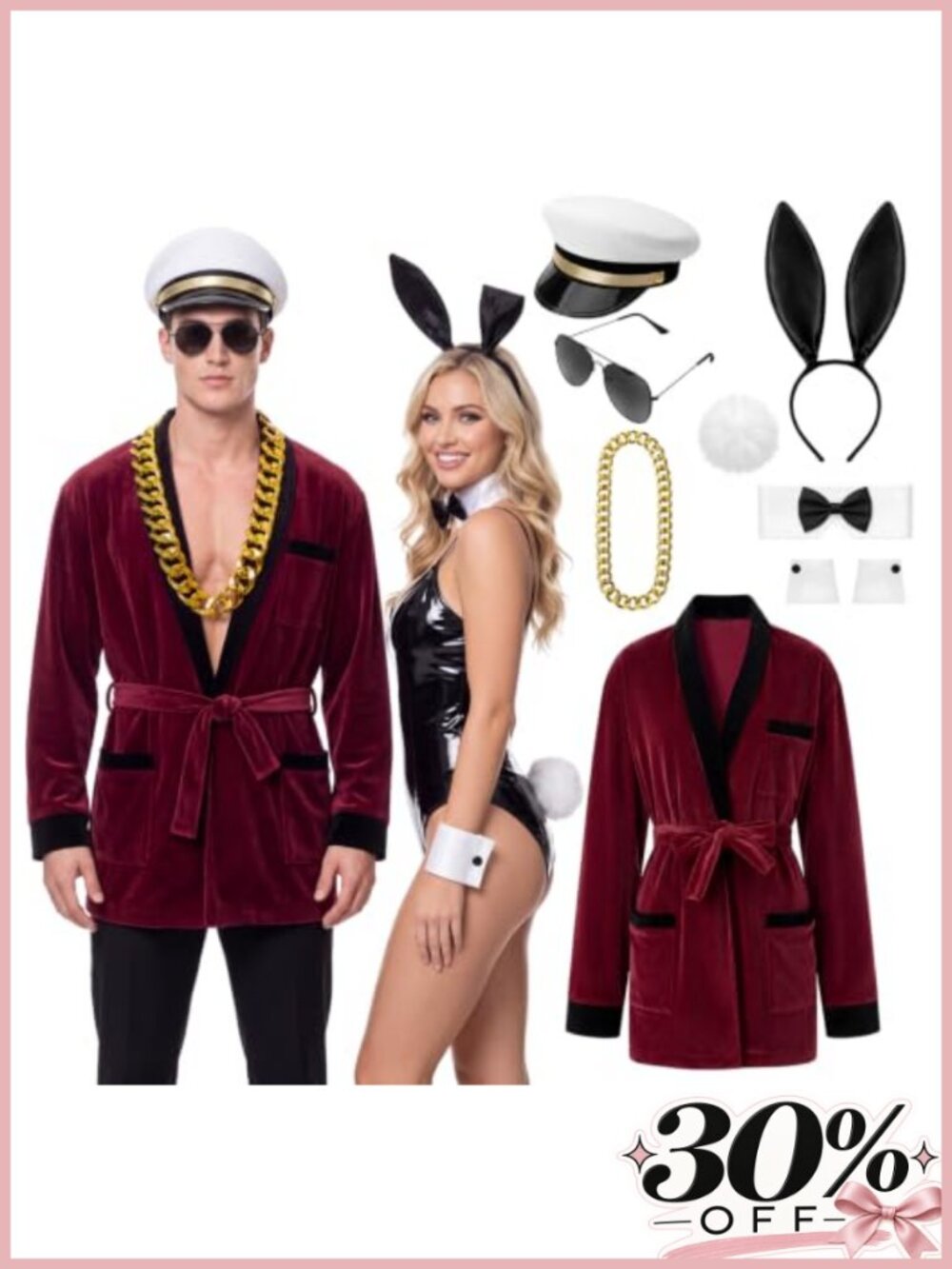 5 Pc Halloween Bunny Costume Set Satin Robe Captain Hat Necklace Sunglasses